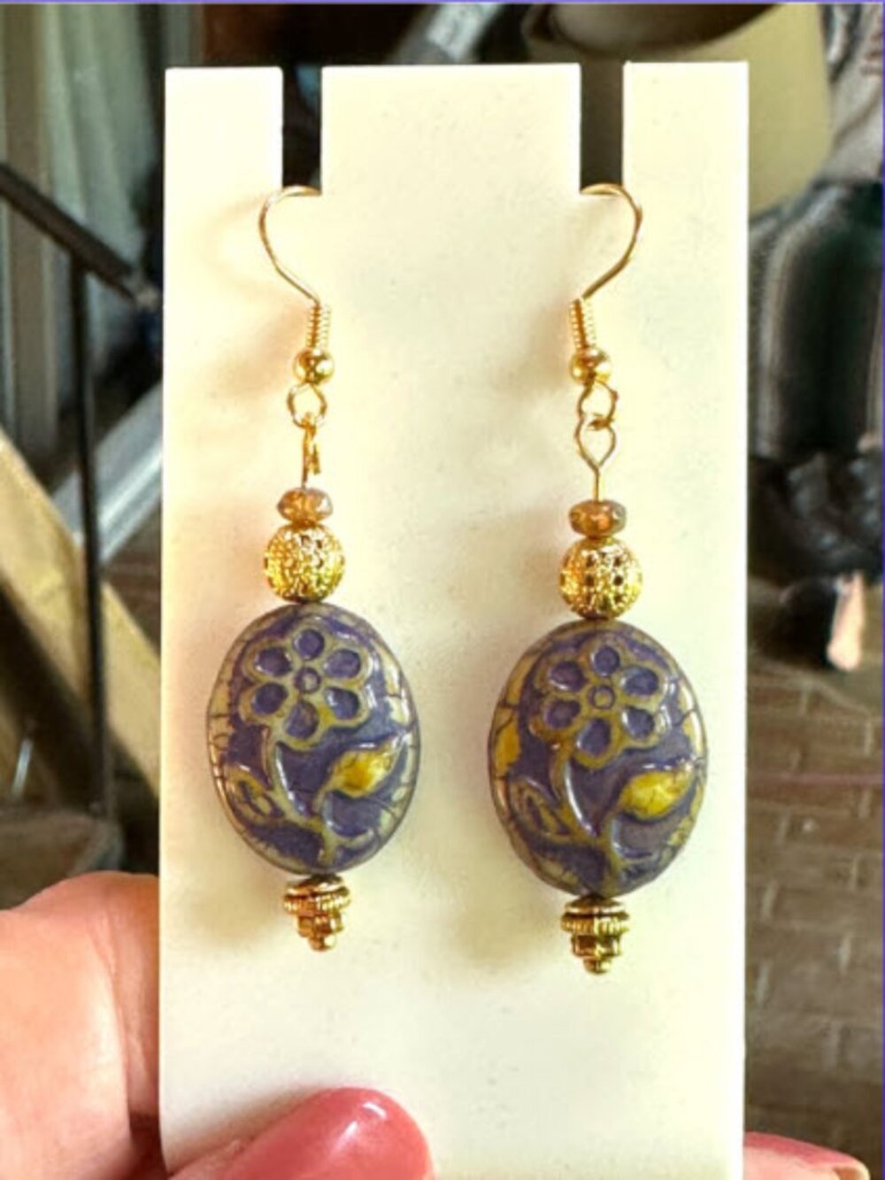 Indigo Blue Czech Glass Floral Earrings Gold Tone Boho Dangle 2.25"